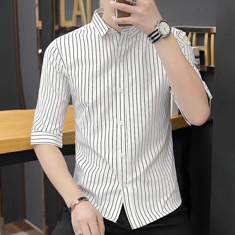 

Men' Casual Shirts Summer Men' Five-point Mid-sleeve Striped Shirt Handsome Inch Trendy ClothingMen, Black