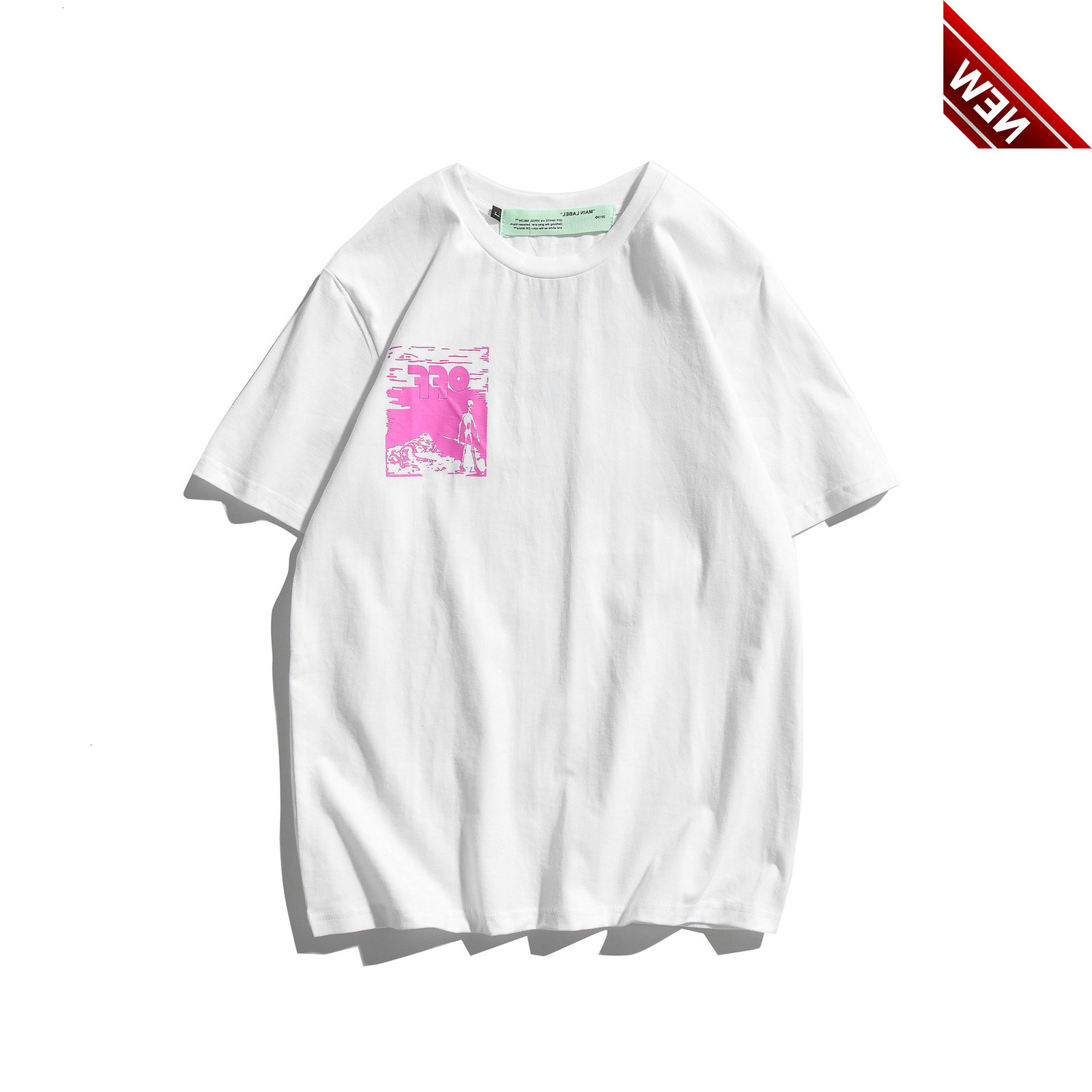 

2022 Spring and Summer New Off Pink Skull Letter Pattern Round Neck Pullover Short Sleeve Unisex, White
