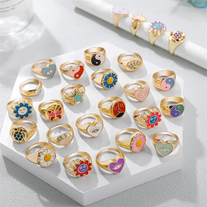 

Aesthetic Colorful Evil Eyes Love Heart Rings for Women Sweet Sunflower Drip Oil Enamel Metal Finger Rings Couple Jewelry 220728