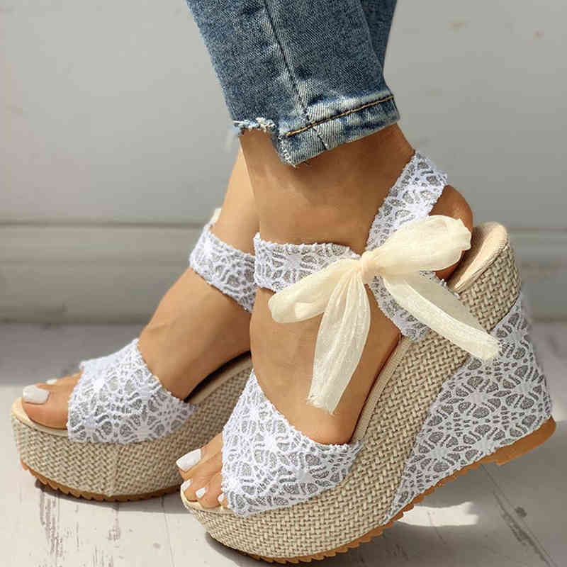 

INS Hot Lace Leisure Women Wedges Heeled Women Shoes 2021 Summer Sandals Party Platform High Heels Shoes Woman H220409, Gold