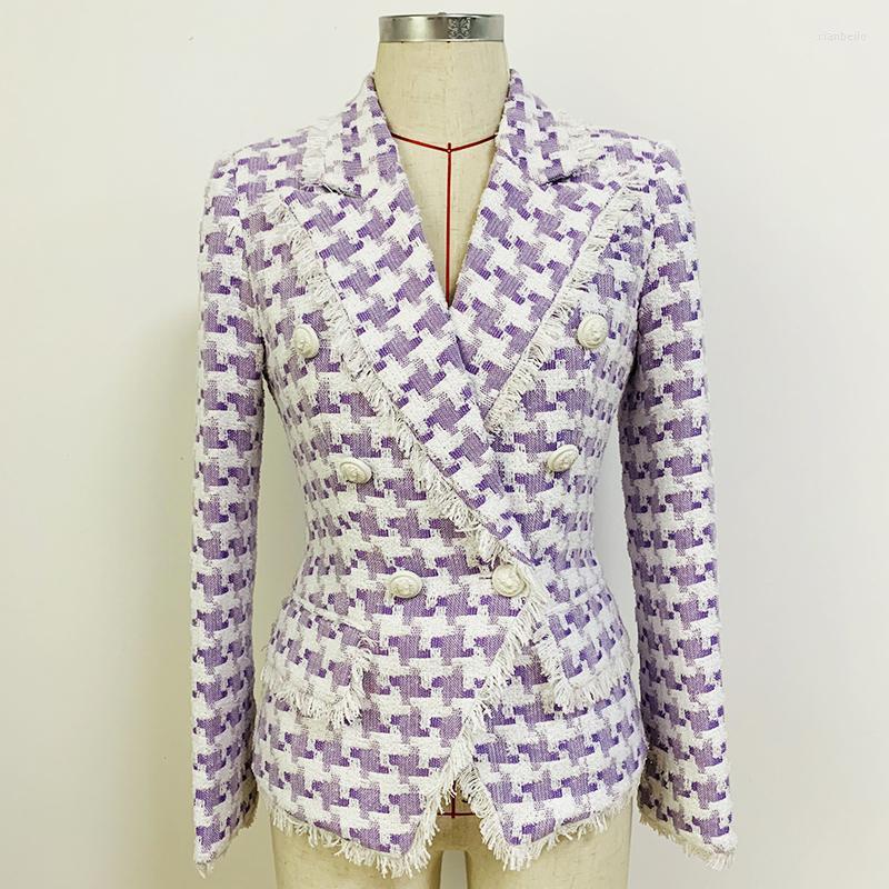 

Women' Suits & Blazers HIGH QUALITY Est 2022 Fall Winter Designer Jacket Lion Buttons Tassel Fringed Houndstooth Blends Tweed Blazer, Purple
