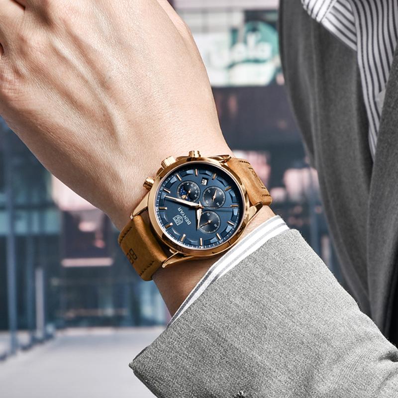 

Wristwatches BNEYAR Fashion Men Quartz Top Brand Sports Chronograph Watch Leather Waterproof Military For Reloj Hombre, Golden black