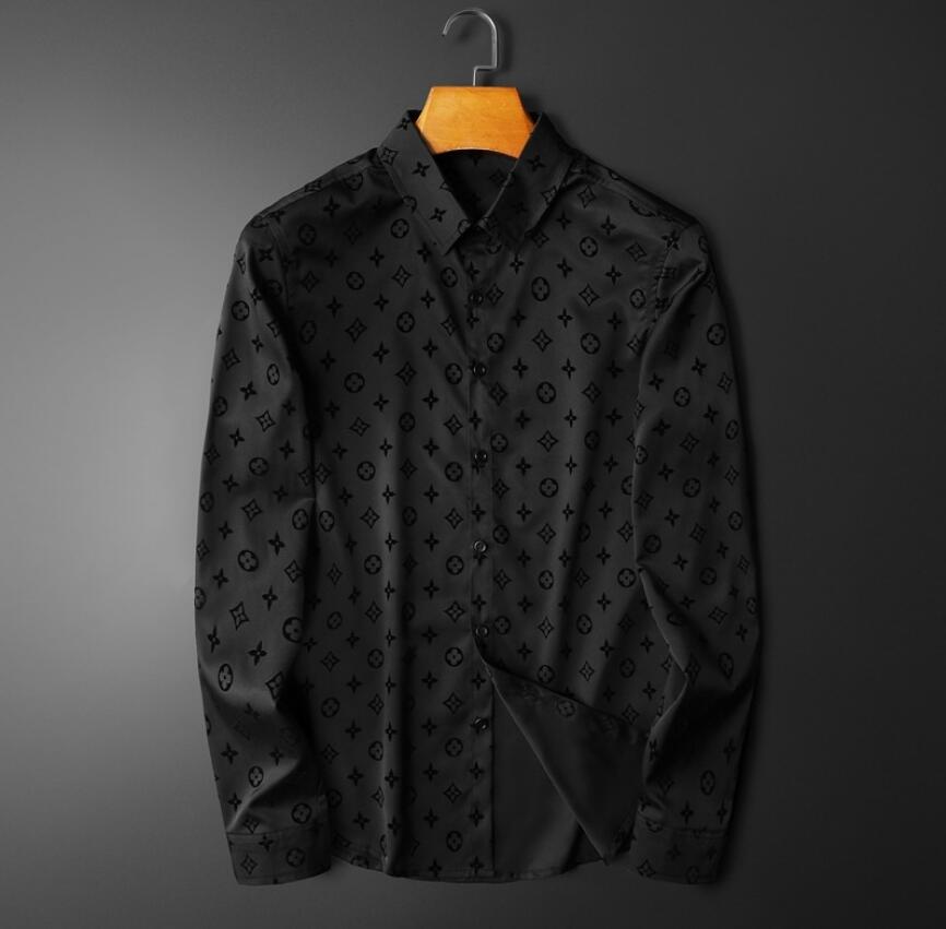 

European station tide brand men's long-sleeved shirt spring and autumn flocking printing slim fit handsome black large size shirt men clothing, W1