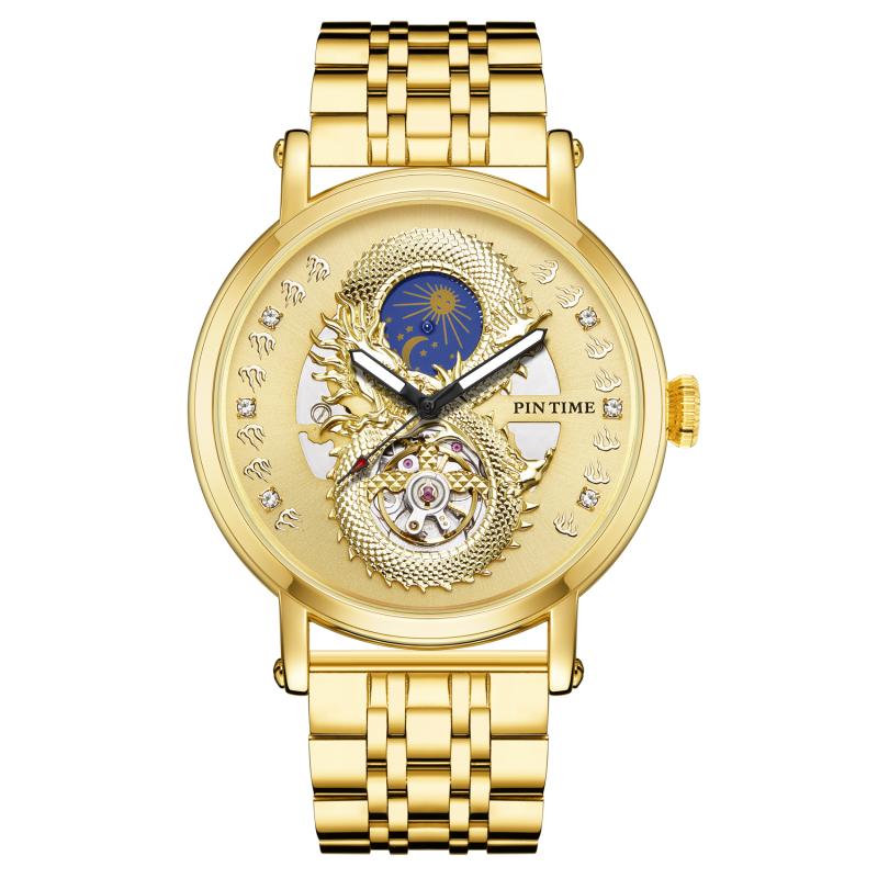 

Wristwatches Pintime Mechanical Luxury Automatic Men Watches Dragon Diamond Hollow Big Dial Moon Phase Watch Clock Relogio MasculinoWristwat, Leather gold red