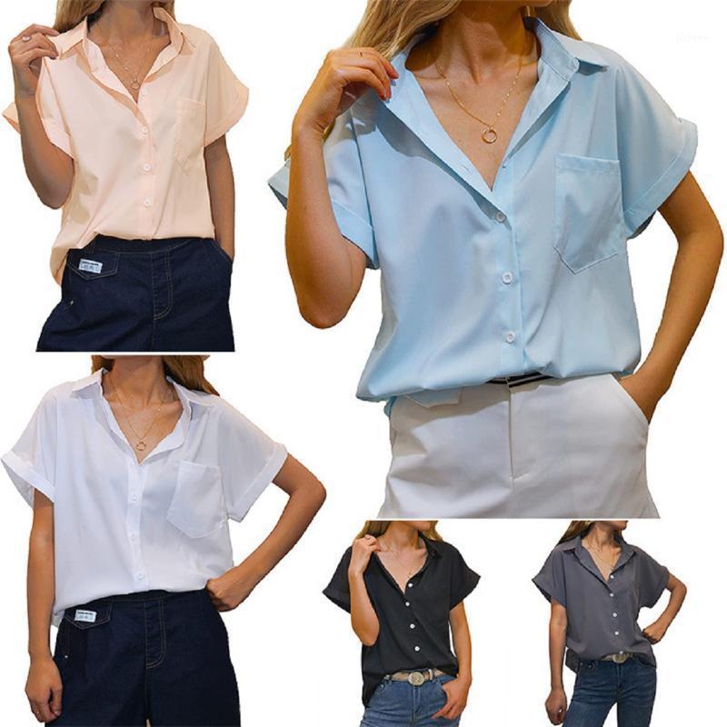 

Women' Blouses & Shirts Spring And Summer Women Short Sleeved T-shirt 2022 V-Neck Buttoned Shirt Female Fashion Woman Clothes, Oukeqi-9081 black