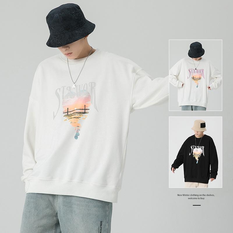 

Men's Hoodies & Sweatshirts Long-sleeved Sweatshirt Men's Spring Discoloration Loose Round Neck Shirt Young Men Trend Printing White Clo, Black
