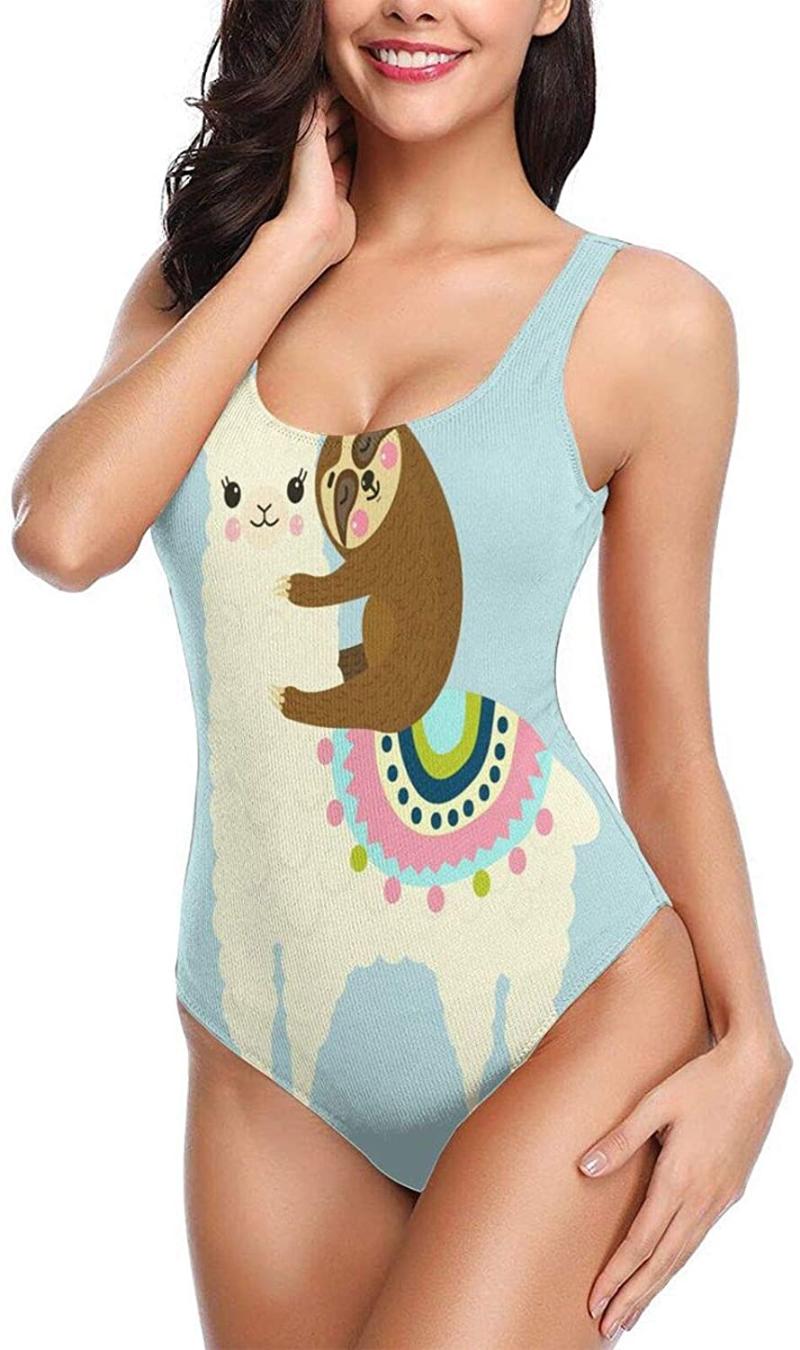 

Women' Swimwear Womens Retro High Cut Low Back One Piece Bathing Suits Monokini Cartoon Camel And SlothWomen, Beige