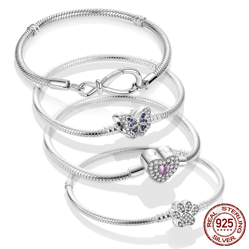 

2022 New Original Design Bracelets 925 Sterling Silver Sparking Butterfly Paw Heart Snake Chain Bracelet fit Charm Bead DIY Women Jewelry Gift
