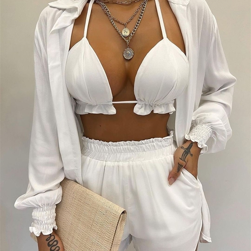 

Women Three Piece Suit Sprots Wear Tracksuits Solid Lantern Sleeve Shirt Frill Hem Sexy Crop Top & Pocket Design Shorts Sets 220510, Black