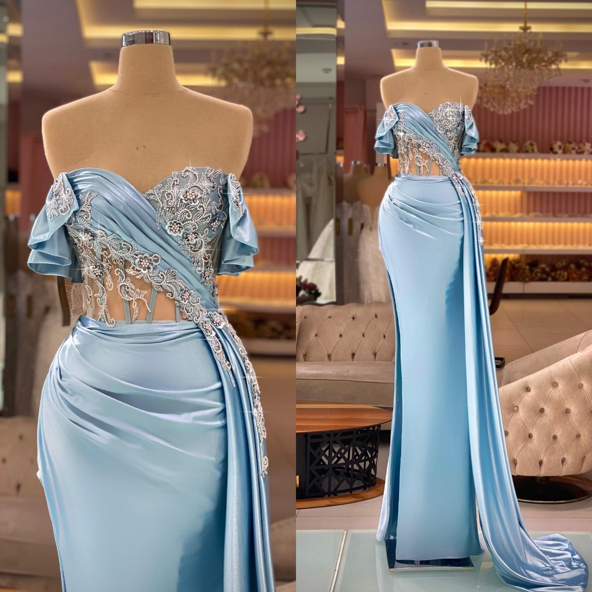 

Vintage Mermaid Prom Dresses Off The Shoulder Beaded Sexy High Side Split Satin Women Gowns Long Formal Evening Dress, Sage
