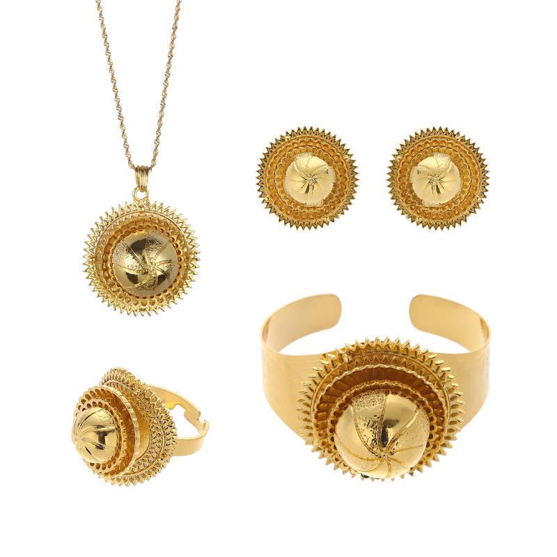 

Earrings & Necklace Ethiopian Bride Wedding 4Pcs Gold Jewelry Sets Women Pendants Bracelet Ring Dubai Africa Engagement JewelleryEarrings, As pic