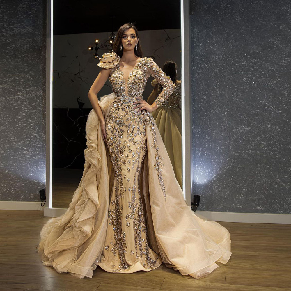 

Luxurious Yellow Rhinestones Prom Dresses Crystals 3D Appliques Evening Dress Custom Made Detachable Train Flowers Red Carpet Celebrity Party Gown, Light sky blue