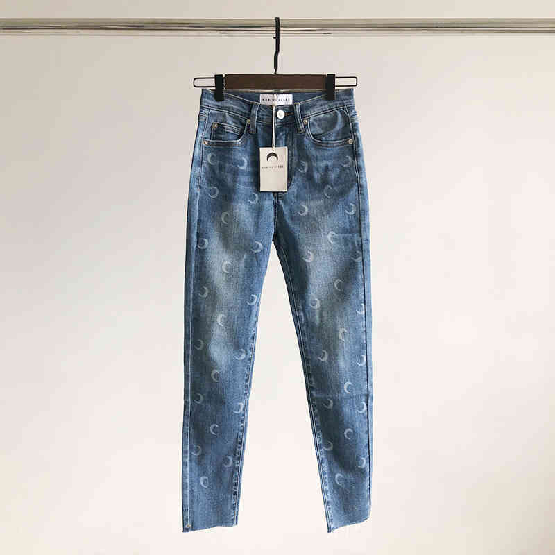

Marina Serre 20ss Early Spring Moon Print Embroidered Cropped Jeans, Denim blue