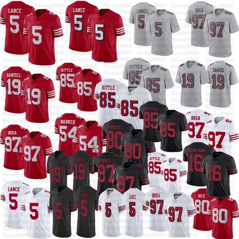 

5 Trey Lance 85 George Kittle football jersey 97 Nick Bosa 19 Deebo Samuel Fred Warner Jerry Rice Joe Montana Stitched jerseys, As