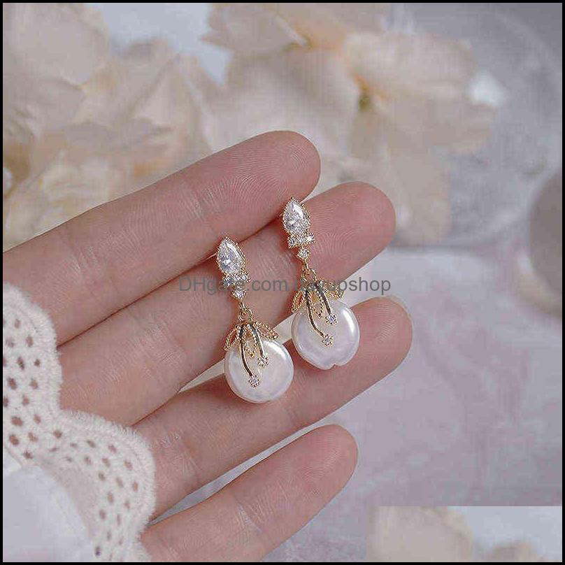 

Charm Earrings Jewelry Elegant Bohemia Women Pearl Luxury Aaa Zirconia 14K Real Gold Stud Earring Wedding For Bridal Dhrt7
