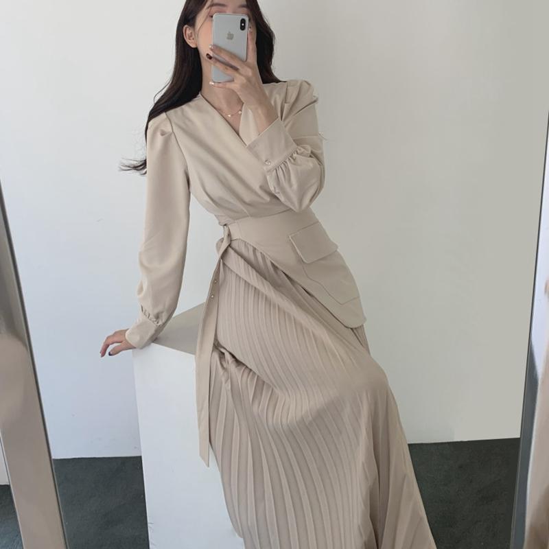

Casual Dresses 2022 Autumn Korean V-neck Slim Waist Female Dress Elegant Full Sleeve Women Patchwork Pleated Vestidos, Black;gray
