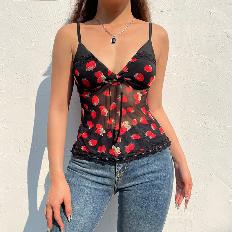 

Summer Sexy Camis Women Black Strawberry Print V-neck Sleeveless See-through Backless Sling Crop Tops Lace Trim Streetwear