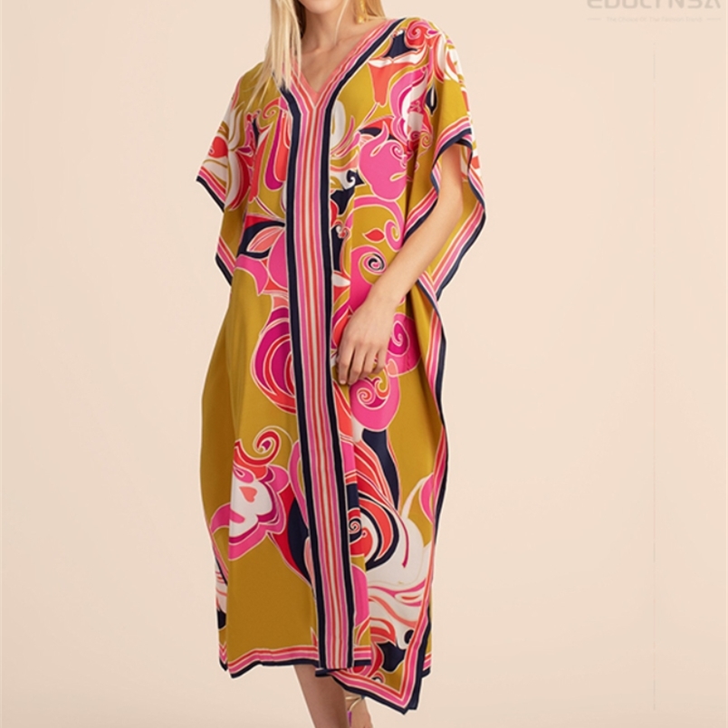 

Long Kaftan Bohemian Printed Bikini Coverups Sexy Vneck Half Sleeve Maxi Dress Tunic Women Beach Wear Swim Suit Cover Up Q1333 220613, Q1320