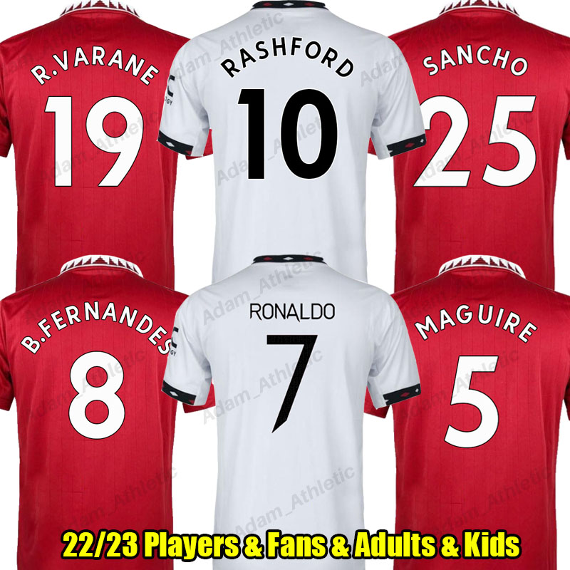 

22 23 Man Utd soccer jerseys 2022 Cristiano RASHFORD SANCHO B.FERNANDES football shirts player version men kids kit R.VARANE MAGUIRE ERIKSEN WAN-BISSAKA jersey, 22-23 away kids