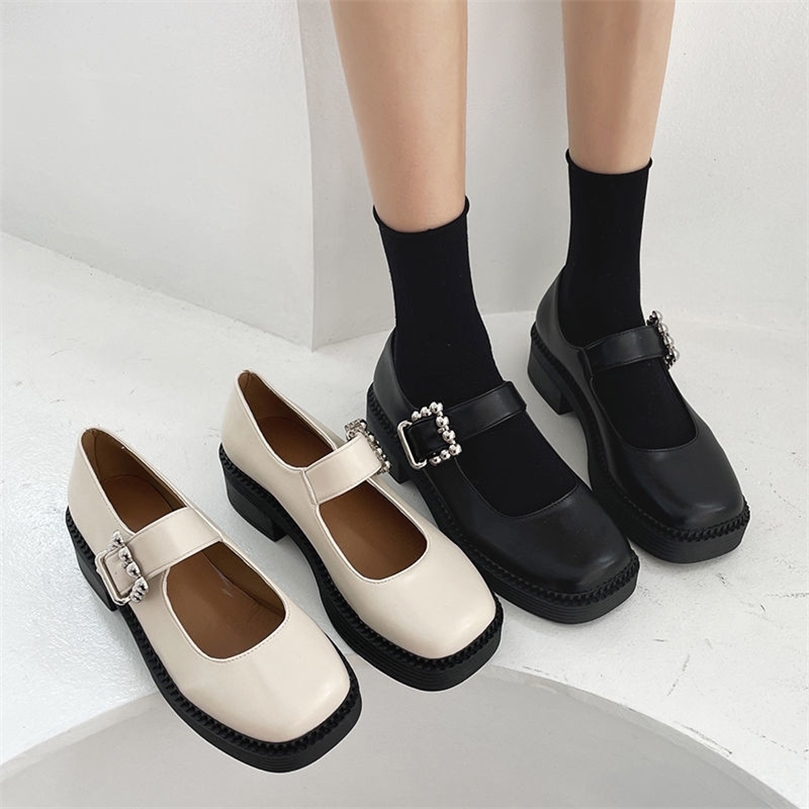 

Sepatu Harajuku Gothic Punk Mary Jane Fashion Wanita Wedges Platform Motor Chunky Lolita Kulit Hak Sedang 220614, Black