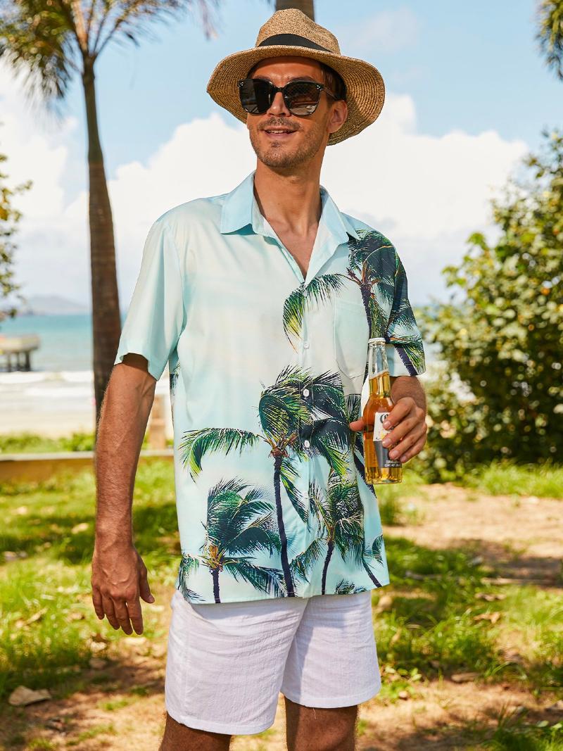 

Men's Casual Shirts Beach Coconut Landscape Print Shirt Summer Fashion American Hawaiian Style Men's Cuban Collar ShirtMen's, A606 pockets