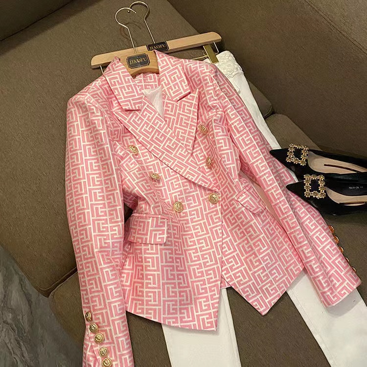 

T048 Tide Brand High-Quality Retro Fashion designer Presbyopic Maze Series Suit Jacket Lion Double-Breasted Slim Plus Size Women's Clothing, Pink