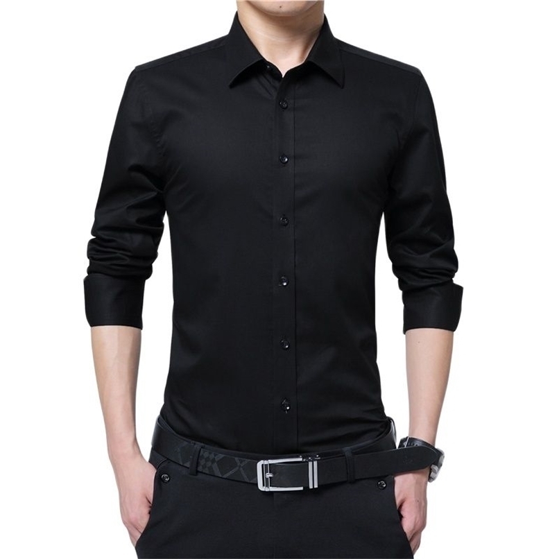 

BROWON Men Fashion Blouse Shirt Long Sleeve Business Social Solid Color Turn-neck Plus Size Work Brand Clothes 220322, Black