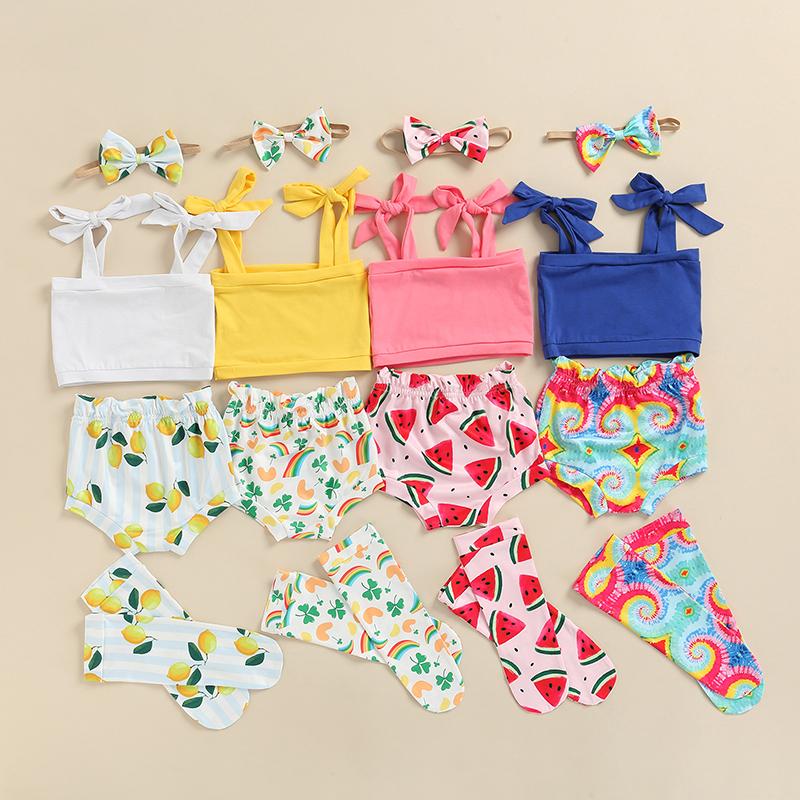 

Clothing Sets 4pcs Baby Girls Summer Clothes Printed Sleeveless Strap Sling Tops High Waist Shorts Bow Hair Band Warm SocksClothing, Blue