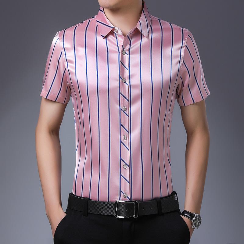 

Men' Casual Shirts Silk Pink Mens 2022 Fashion Summer Blue Dress British Style Plus Size Clothing Workwear OfficeMen, Black