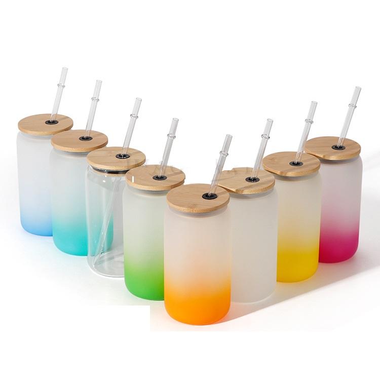 

12/16oz Sublimation Frosted Glass Water Bottle Tumblers Shot Glasses Jar Soda Beverage Straw Cup with Bamboo Lid Colored Glass Skinny Tumbler