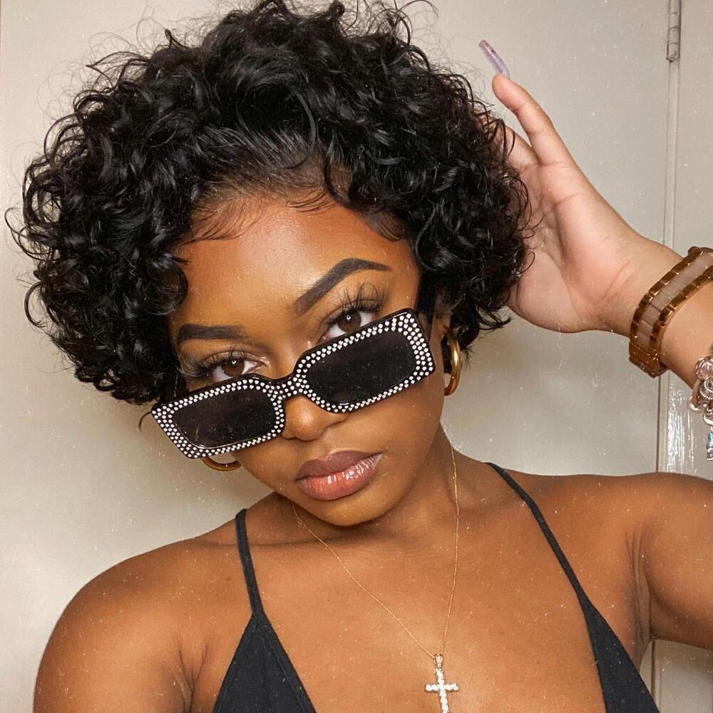 

Pixie Cut Short Curly Human Hair Wigs 13X1 Transparent Lace Front Wig Brazilian Hair Deep Curl For Women, #1b