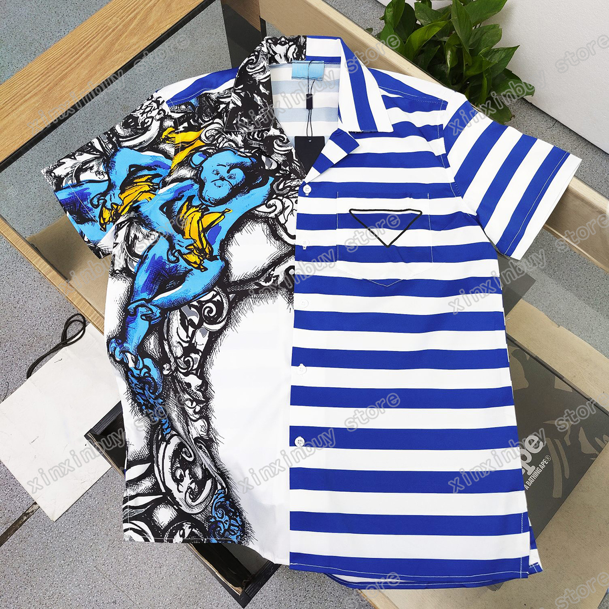 

22ss Men Designers Casual Shirts monkey triangle print short sleeve Man Crew Neck Streetwear white black xinxinbuy M-3XL, Multi