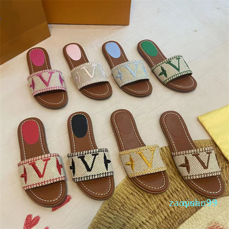 

2022 Summer Designer Womens Sandals Leather Embroidered Flat Slippers Flip Flops Slides Size 35-41 55, Foam bubble