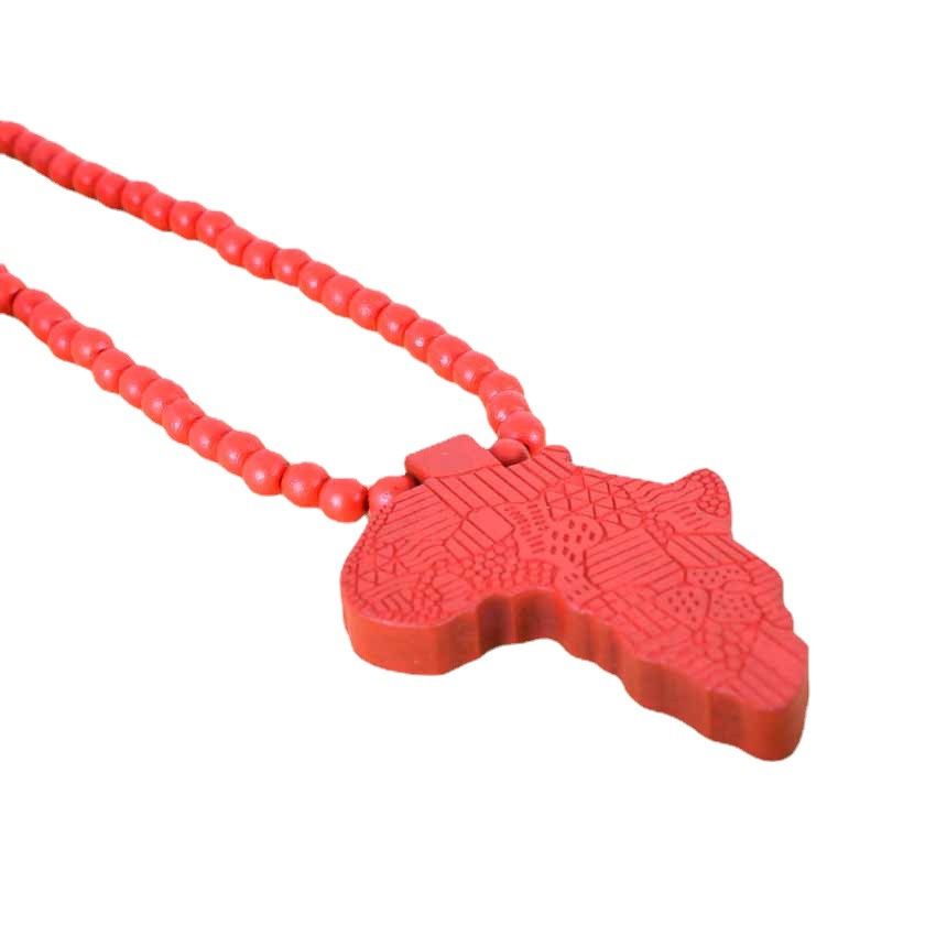 

Couple African Map Necklace Wooden Red Carved Hemu Bead Pendant Hip-Hop Necklace