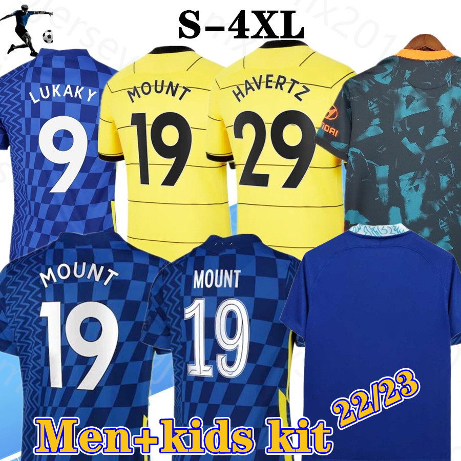 

size:-4XL 22 23 LUKAKU WERNER HAVERTZ CHILWELL ZIYECH Soccer Jerseys 2022 2023 PULISIC home blue away yellow Football Shirt KANTE MOUNT Men Kids set Kits+women