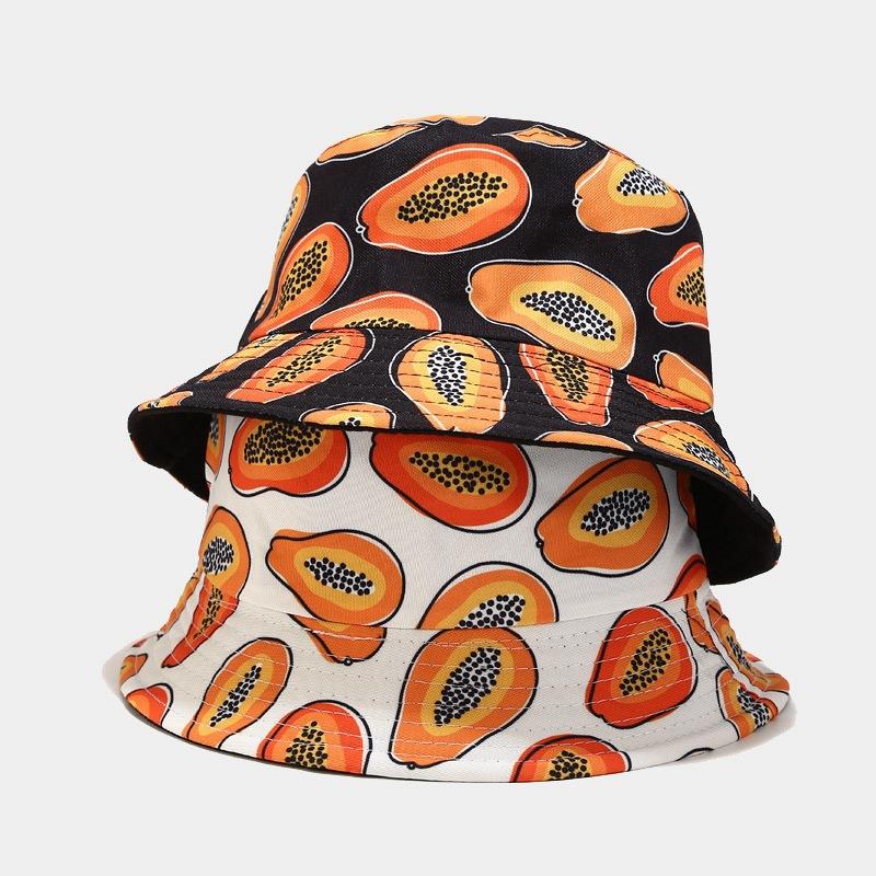 Bérets Fruits Tropicaux Papaye Motif Seau Chapeaux Hommes Double Côté Bassin Casquettes Homme Crème Solaire Pêcheur Chapeau PanamaBérets