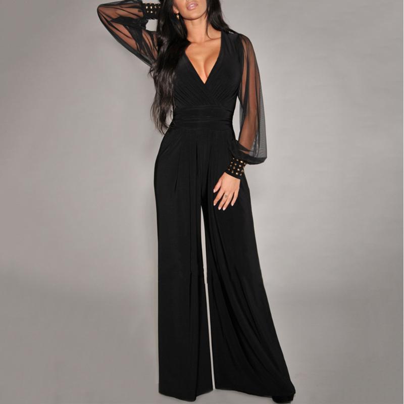 

Women' Jumpsuits & Rompers V-Neck Net Yarn Stitching Rivet Straight Piece Pants Siamese Waist Folds Fashion Casual Party OL Office OutfitWo, Black
