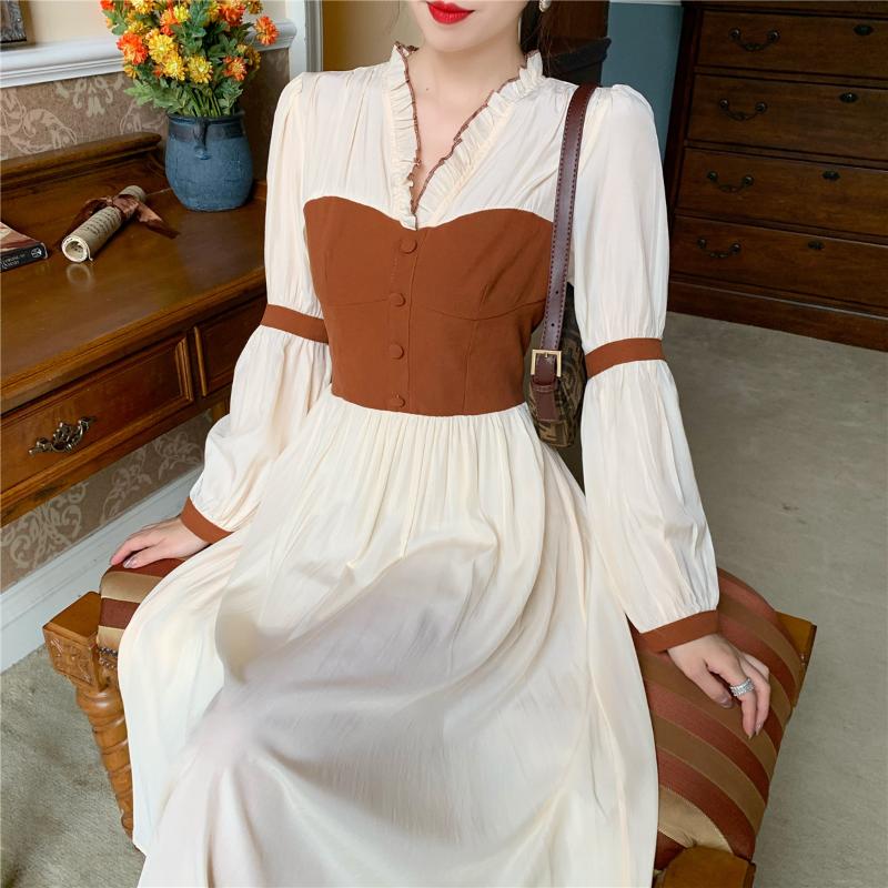 

Casual Dresses Frenc Vintage Dress Women Long Sleeve V-neck Chiffon One-piece Korean Evening Party Fairy Elegant Female 2022 Autumn, Apricot