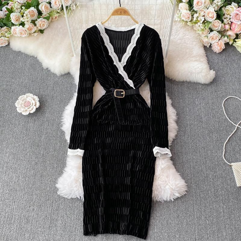 

Casual Dresses Women Dress Elegant Autumn Winter Fashion Temperament Golden Velvet Long Sleeve Pure Color Vestidos, Black