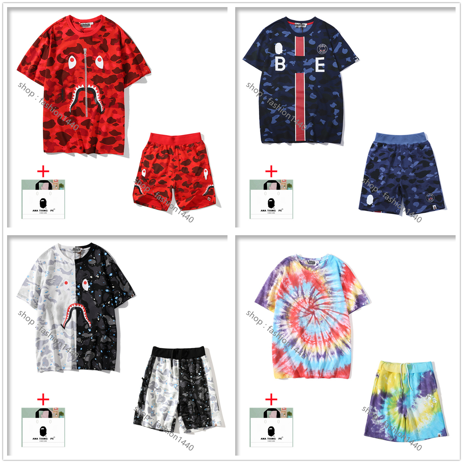 

apes Men t shirt Suit shark head women short-sleeved T-shirt fake zipper high quality luminous starry gradient camouflage couple cotton bottoming with tote bag G05, 1 pcs button