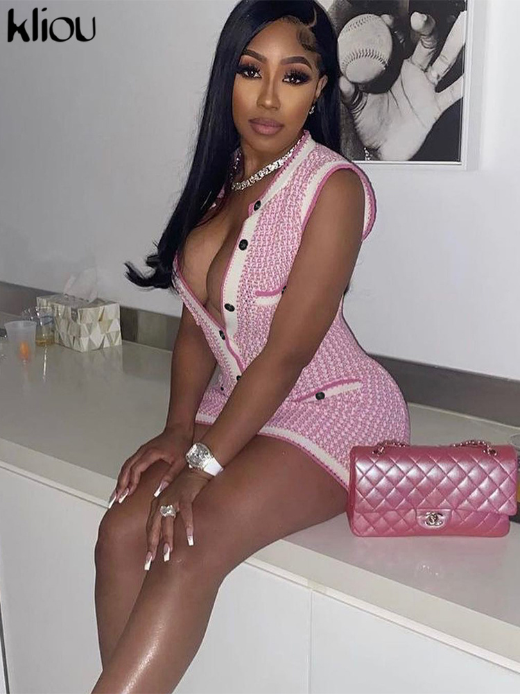 

Elegant Office Lady Mini Dress Women Hipster O-Neck Sleeveless Button Body-Shaping Temperament New Mujer Streetwear Skirt, Pink