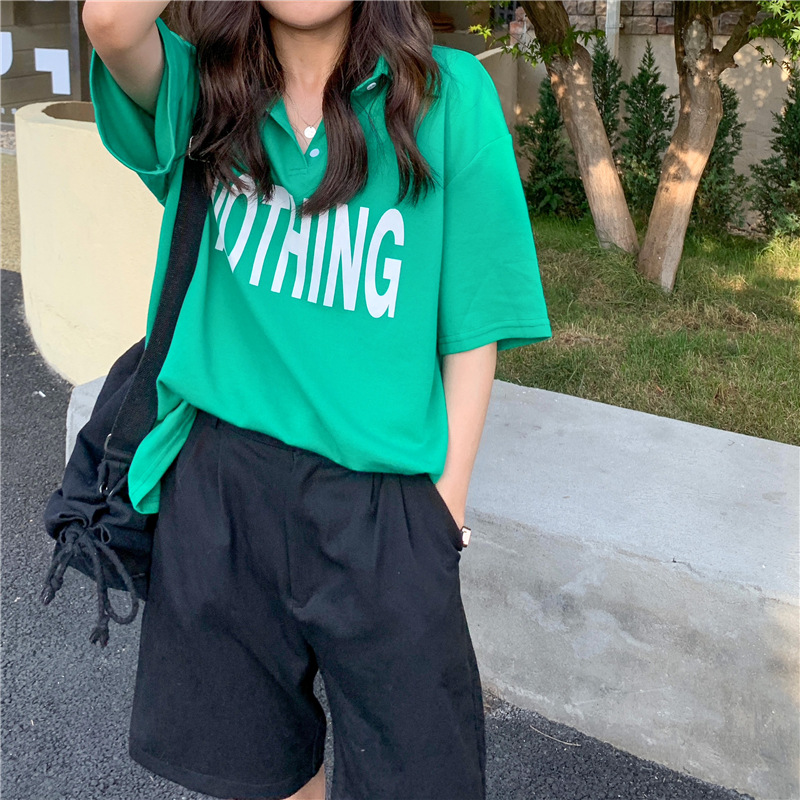 

Women's T-Shirt Fashion Collar Women's Short Sleeve Korean Basic Letter Print Tops Summer Leisure White Female -XL, Gray