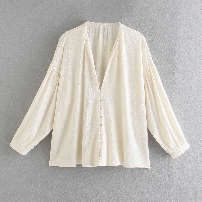 

Summer Women Vintage Linen Shirt Long Sleeves V-neck Blouse Casual Buttoned Top Chic Lady Tops Woman haut femme 210709, Beige