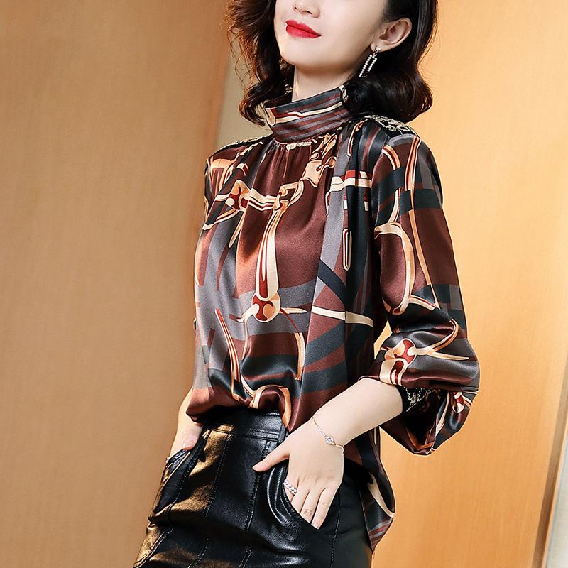 

Women' Blouses & Shirts Lantern Sleeve Fashion Print Shirt Female Stand Collar Striped Long Hollow Slim Chiffon Pullover Women Spring, Auburn