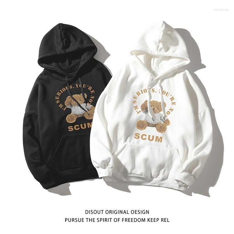 

Men' Hoodies & Sweatshirts Hooded Printed Bear Long Sleeve Pullover Student Plus Velvet All-match Autumn Winter Tops Loose Casual Clothes, Black