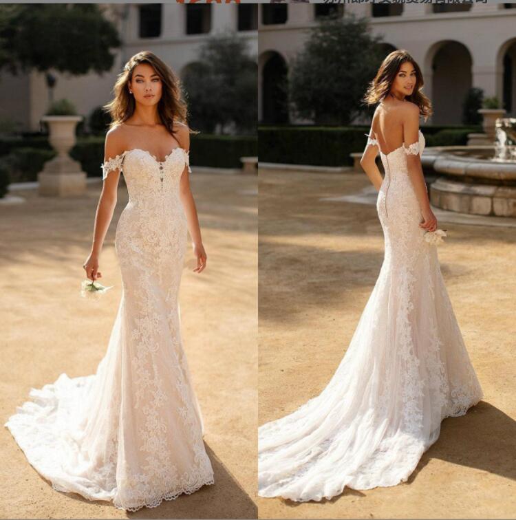 

2022 new off-shoulder lace short-sleeved wedding dress mopping the floor Wed Dresses Vestido de novia, White
