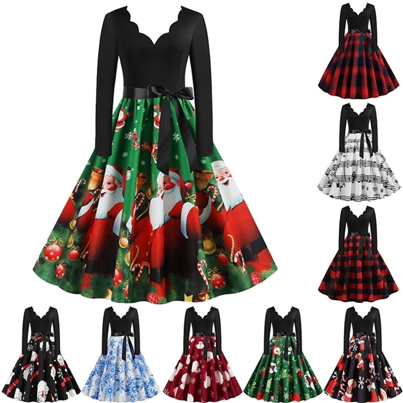 

Christmas Dress Women Winter Long Sleeve V Neck Elegant Vintage Santa Claus Print Xmas Party Outfits Black Big Swing Plus Size 220418, Pettiskirt red