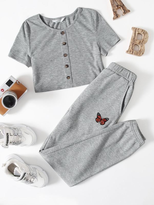

Girls Button Up Tee and Slant Pocket Joggers Set SHE, Light grey