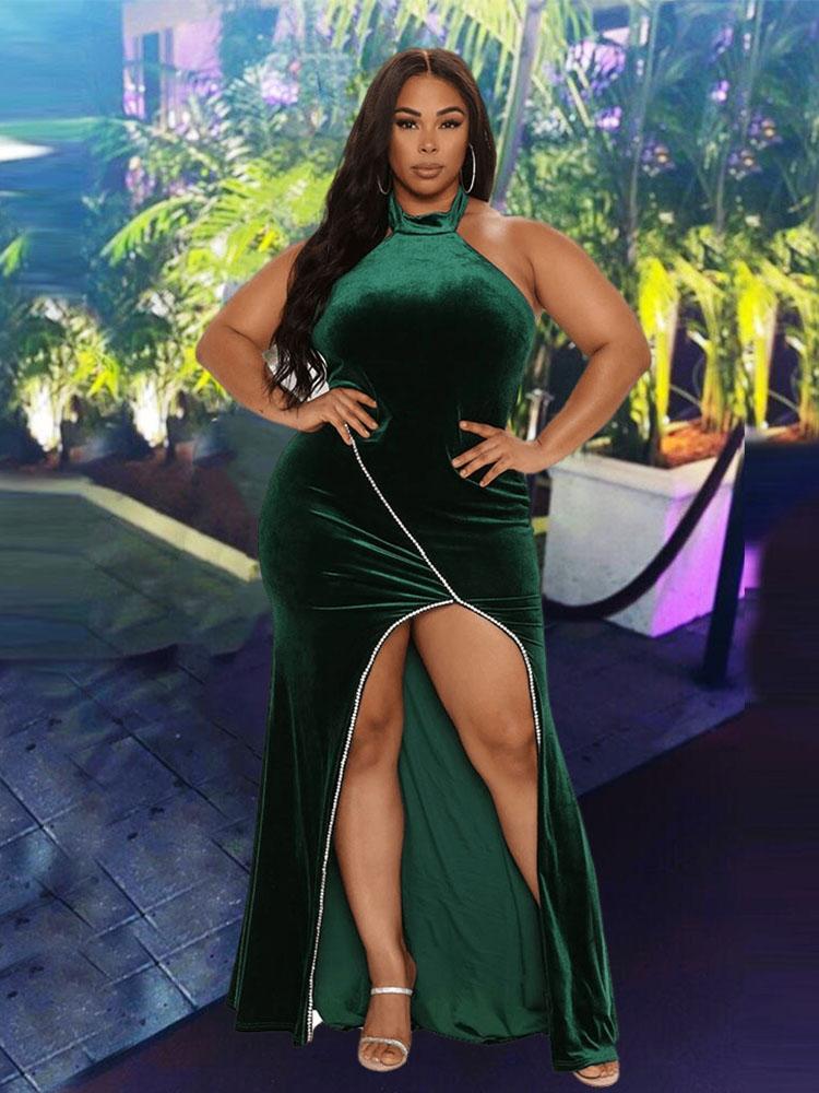 

Plus Size Dresses Women Clothing Wedding Party Dress With Split Halter Backless Green Evening Maxi 5xl Urban Elegant CasualPlus