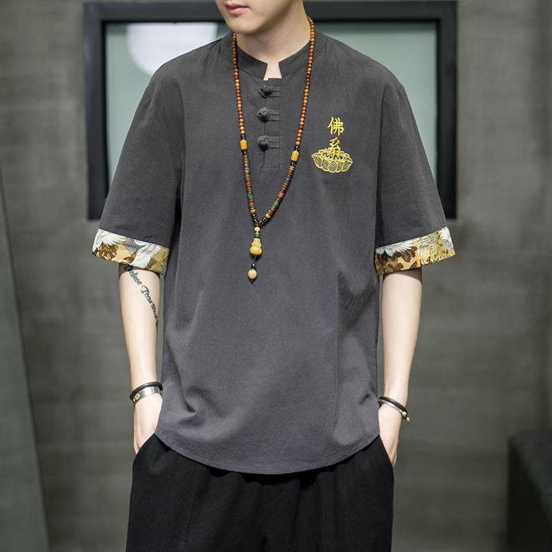 

Men's T-Shirts Embroidered Chinese Characters Short Sleeve T Shirt Men Summer Quality Cotton Linen Oversized Stand Collar CamisetasMen's MMe, As picture